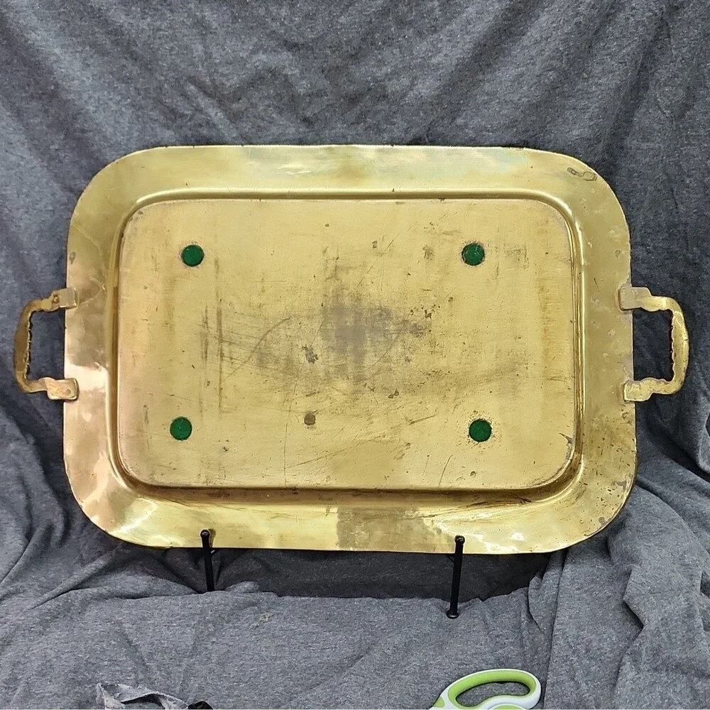 Brass (?) Rectangular Serving Tray w/ Handles Grapevine/Floral Pattern 24 x 14.5